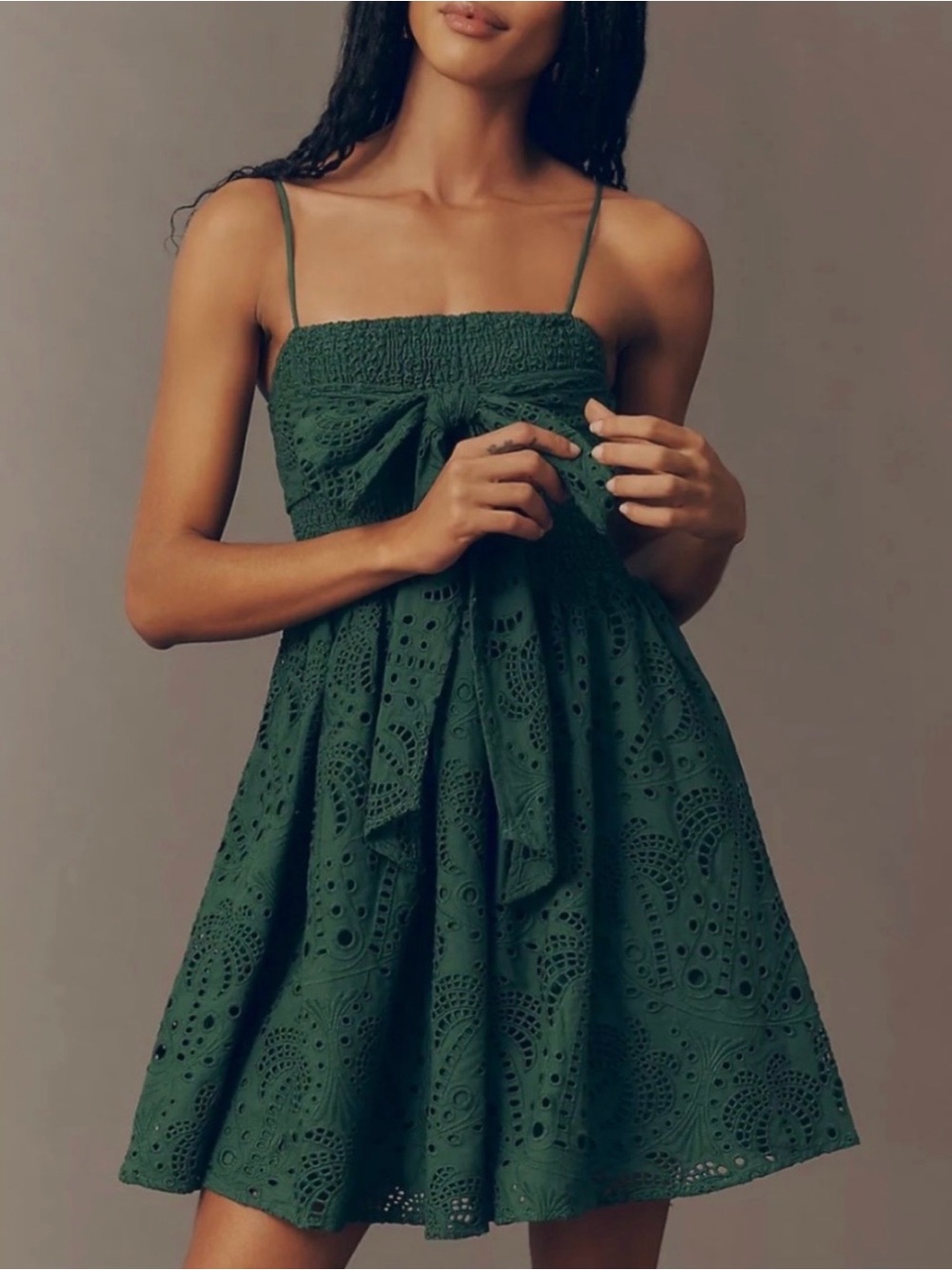 Anthropologie x Farm Rio Eyelet Mini Dress in Forest Green